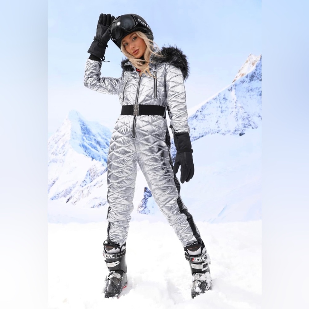 Silver metallic snowsuit onesie - size L